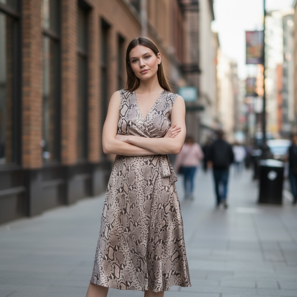 White House Black Market Wrap Midi Dress Women’s Size 2 Snake Print Gray